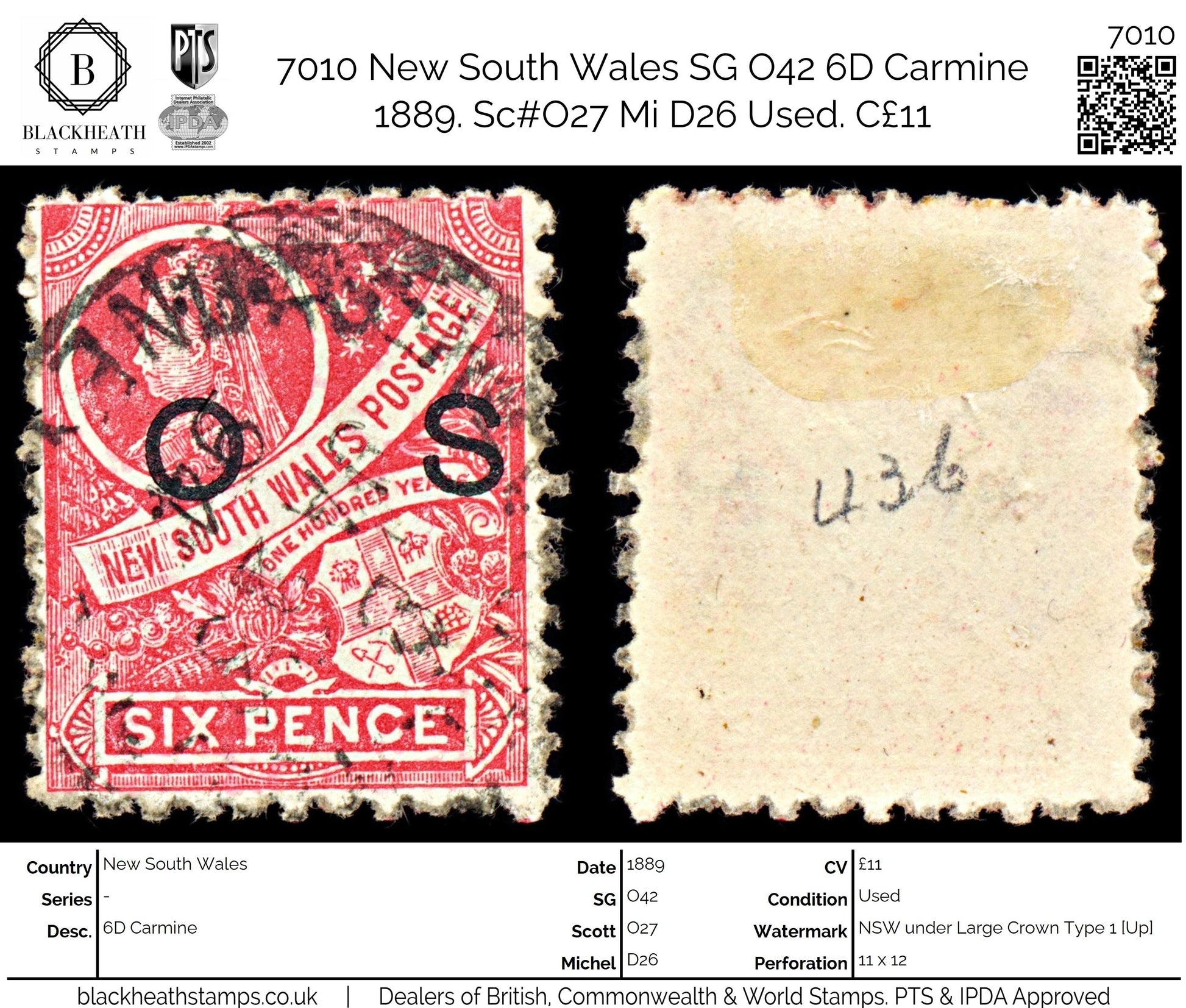 7010 New South Wales SG O42 6D Carmine 1889. Sc#O27 Mi D26 Used. C£11