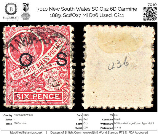 7010 New South Wales SG O42 6D Carmine 1889. Sc#O27 Mi D26 Used. C£11