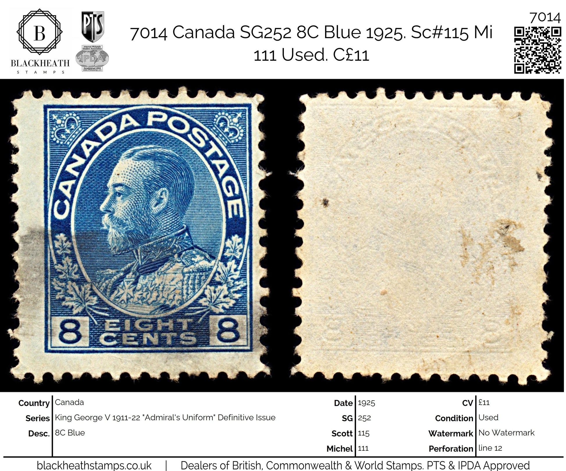 7014 Canada SG252 8C Blue 1925. Sc#115 Mi 111 Used. C£11