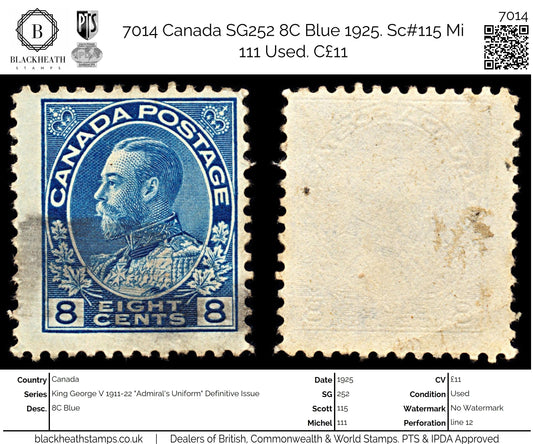 7014 Canada SG252 8C Blue 1925. Sc#115 Mi 111 Used. C£11