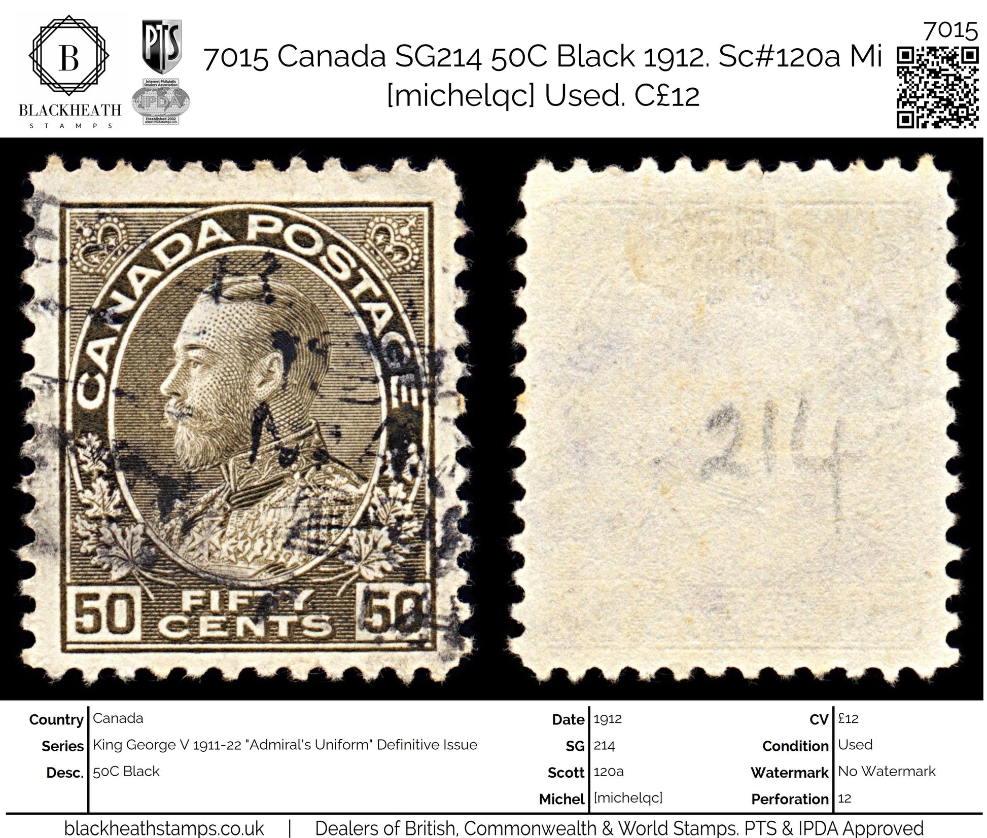 7015 Canada SG214 50C Black 1912. Sc#120a Mi [michelqc] Used. C£12