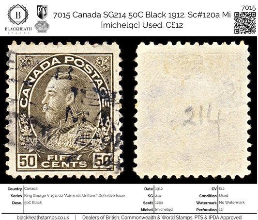 7015 Canada SG214 50C Black 1912. Sc#120a Mi [michelqc] Used. C£12