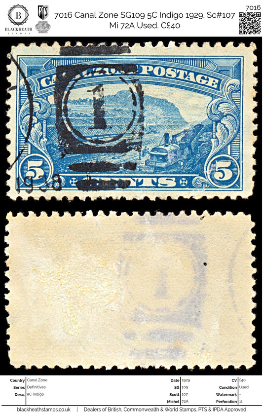 7016 Canal Zone SG109 5C Indigo 1929. Sc#107 Mi 72A Used. C£40