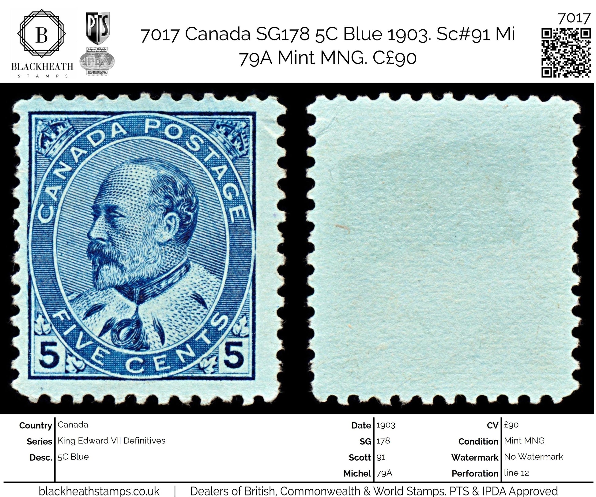 7017 Canada SG178 5C Blue 1903. Sc#91 Mi 79A Mint MNG. C£90