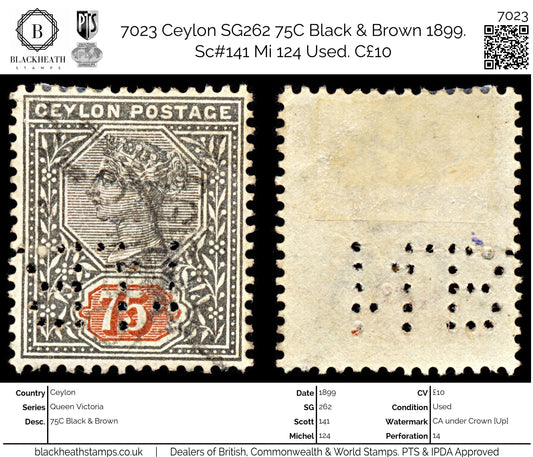 7023 Ceylon SG262 75C Black & Brown 1899. Sc#141 Mi 124 Used. C£10