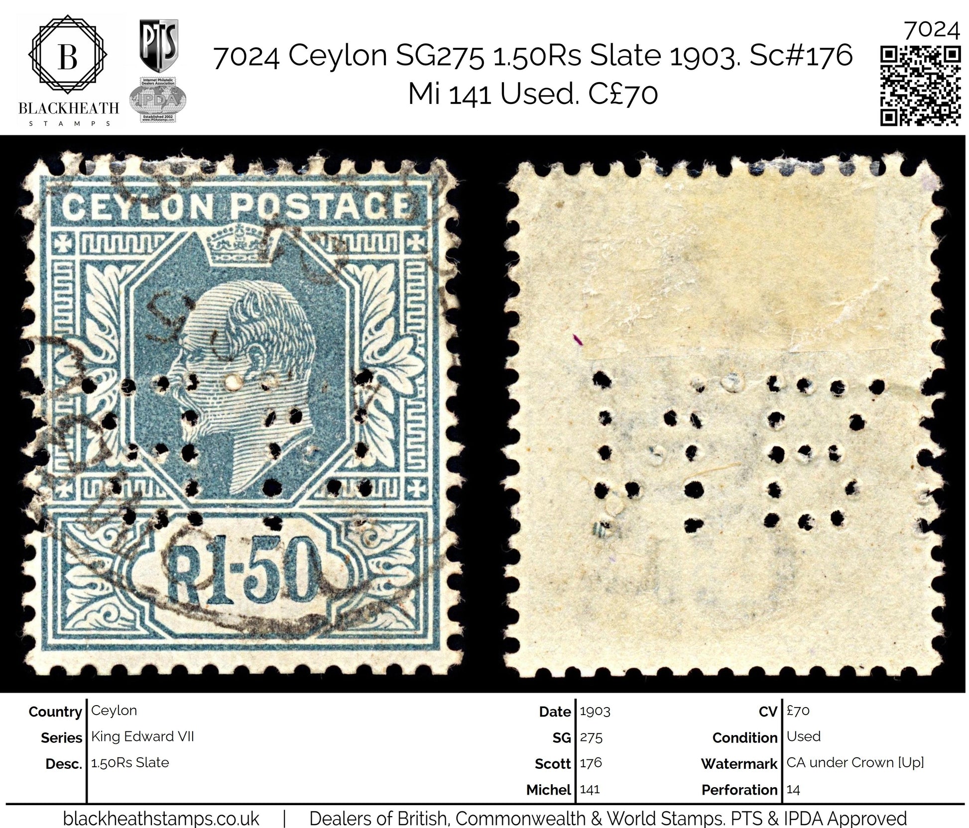 7024 Ceylon SG275 1.50Rs Slate 1903. Sc#176 Mi 141 Used. C£70