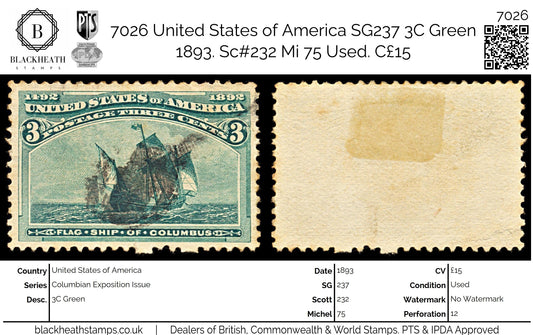 7026 United States of America SG237 3C Green 1893. Sc#232 Mi 75 Used. C£15