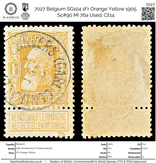 7027 Belgium SG104 1Fr Orange Yellow 1905. Sc#90 Mi 76a Used. C£14