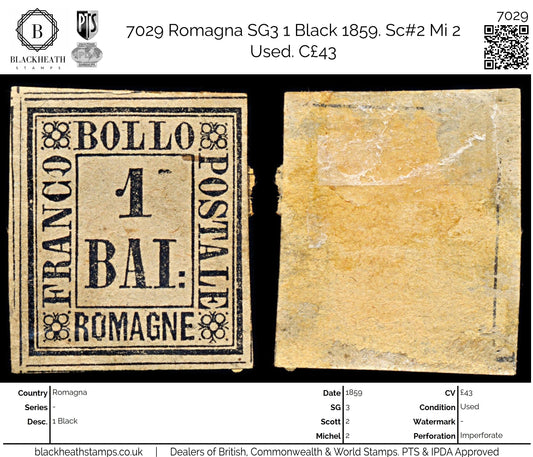 7029 Romagna SG3 1 Black 1859. Sc#2 Mi 2 Used. C£43