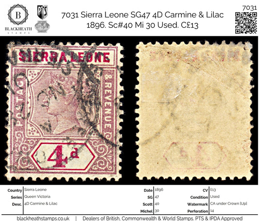 7031 Sierra Leone SG47 4D Carmine & Lilac 1896. Sc#40 Mi 30 Used. C£13