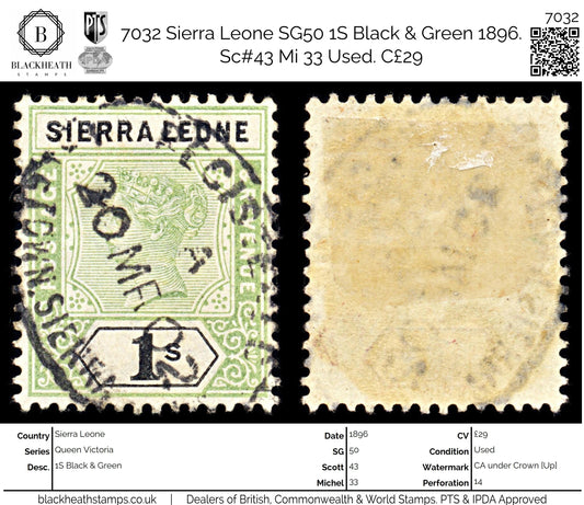 7032 Sierra Leone SG50 1S Black & Green 1896. Sc#43 Mi 33 Used. C£29