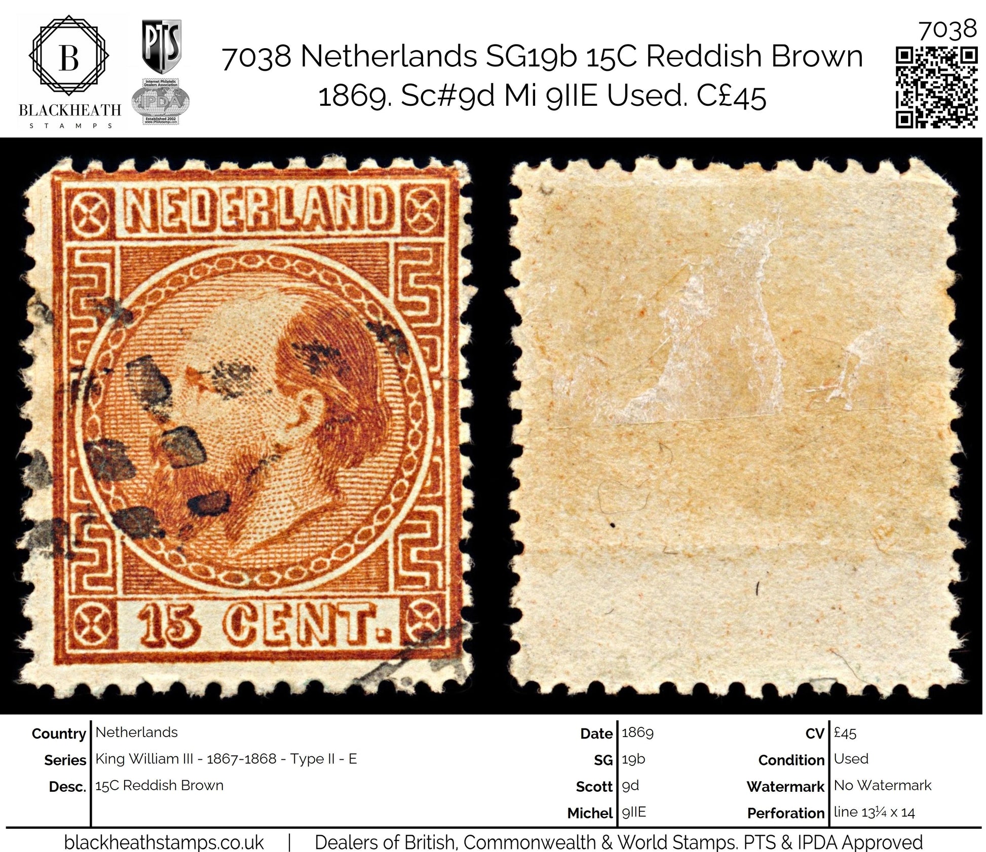 7038 Netherlands SG19b 15C Reddish Brown 1869. Sc#9d Mi 9IIE Used. C£45