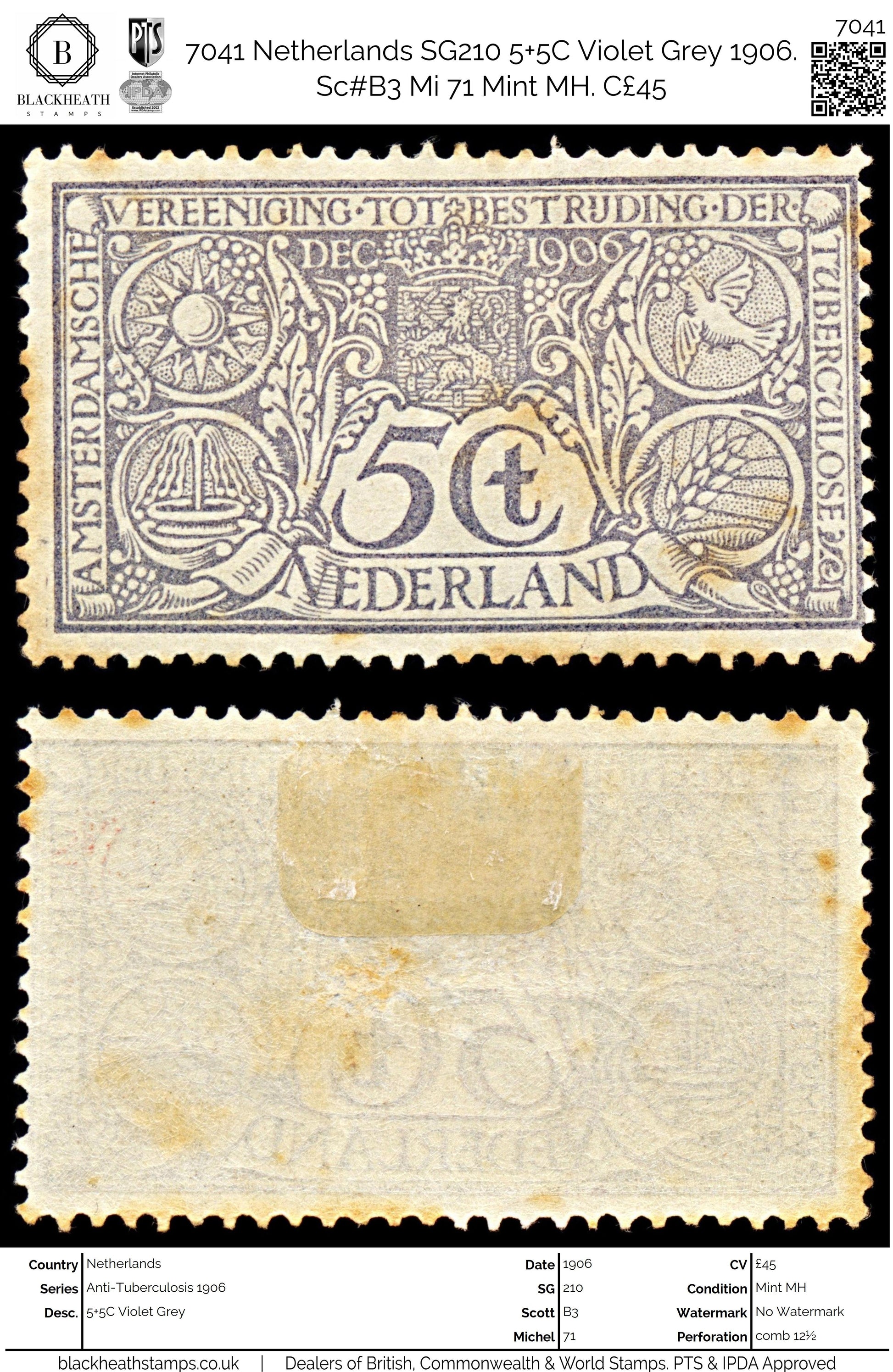 7041 Netherlands SG210 5+5C Violet Grey 1906. Sc#B3 Mi 71 Mint MH. C£45