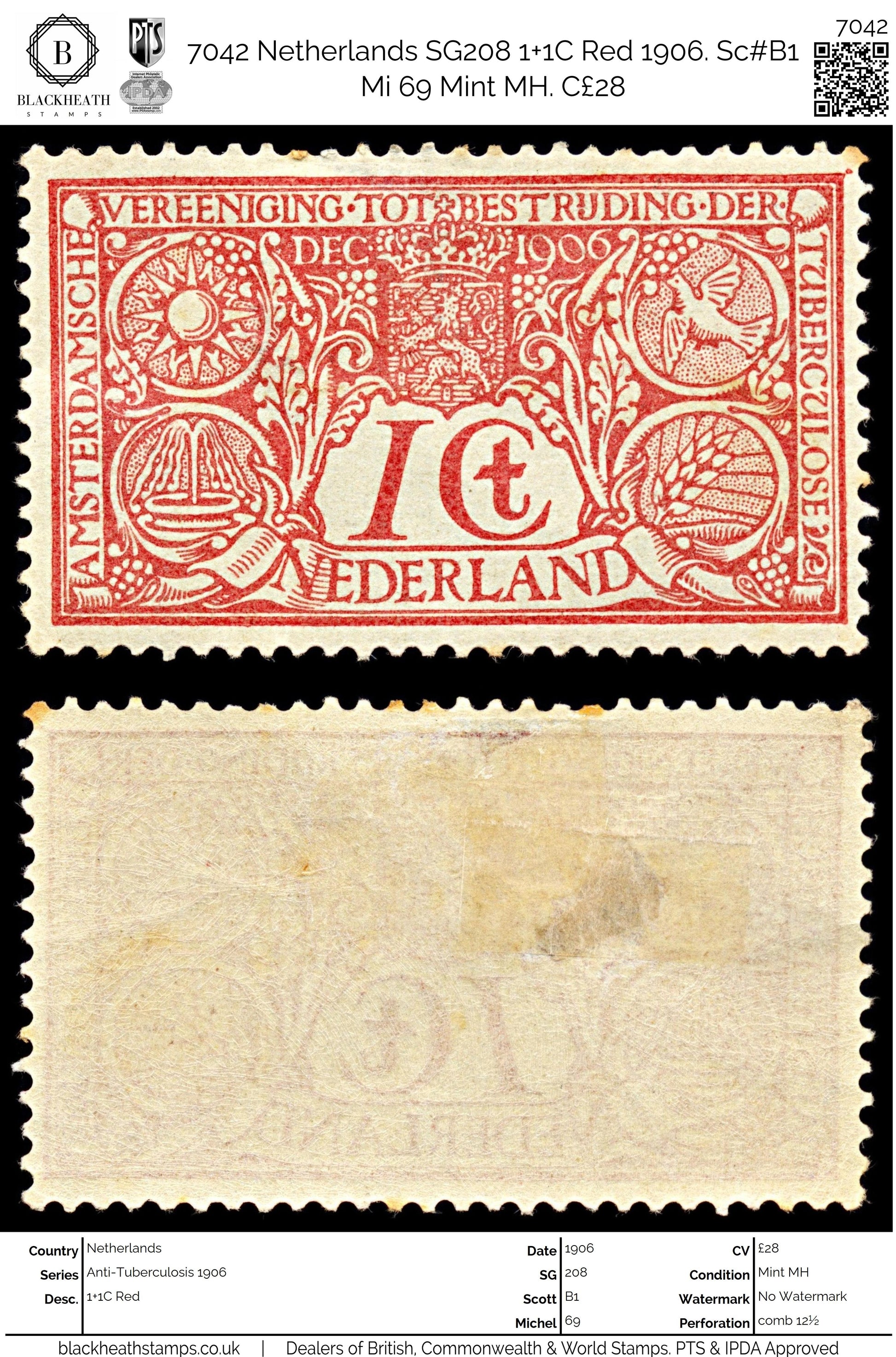 7042 Netherlands SG208 1+1C Red 1906. Sc#B1 Mi 69 Mint MH. C£28