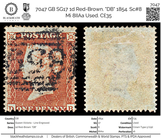 7047 GB SG17 1d Red-Brown. "DB" 1854. Sc#8 Mi 8IIAa Used. C£35