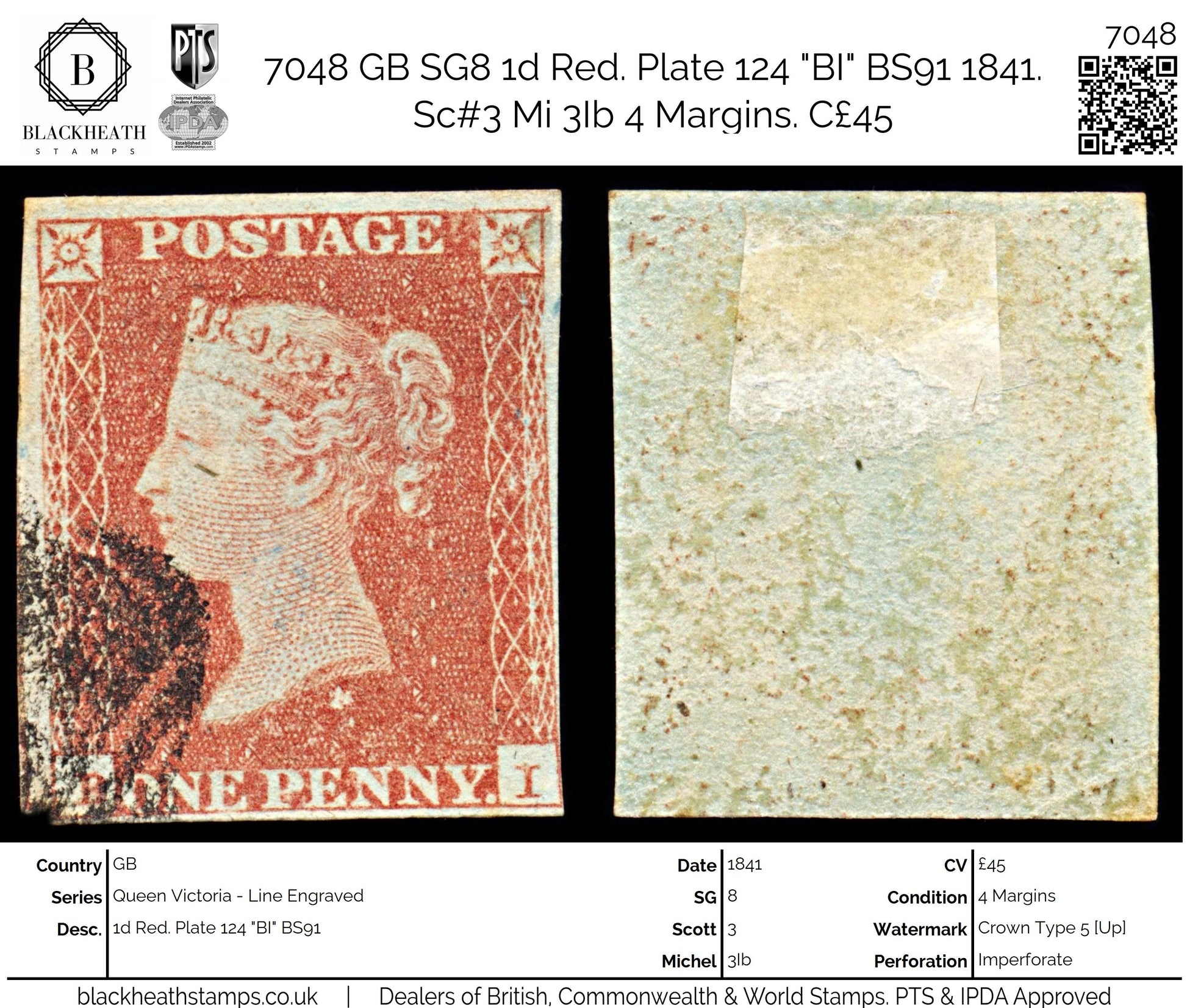 7048 GB SG8 1d Red. Plate 124 "BI" BS91 1841. Sc#3 Mi 3Ib 4 Margins. C£45