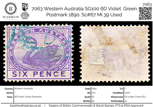 7063 Western Australia SG100 6D Violet. Green Postmark 1890. Sc#67 Mi 39 Used