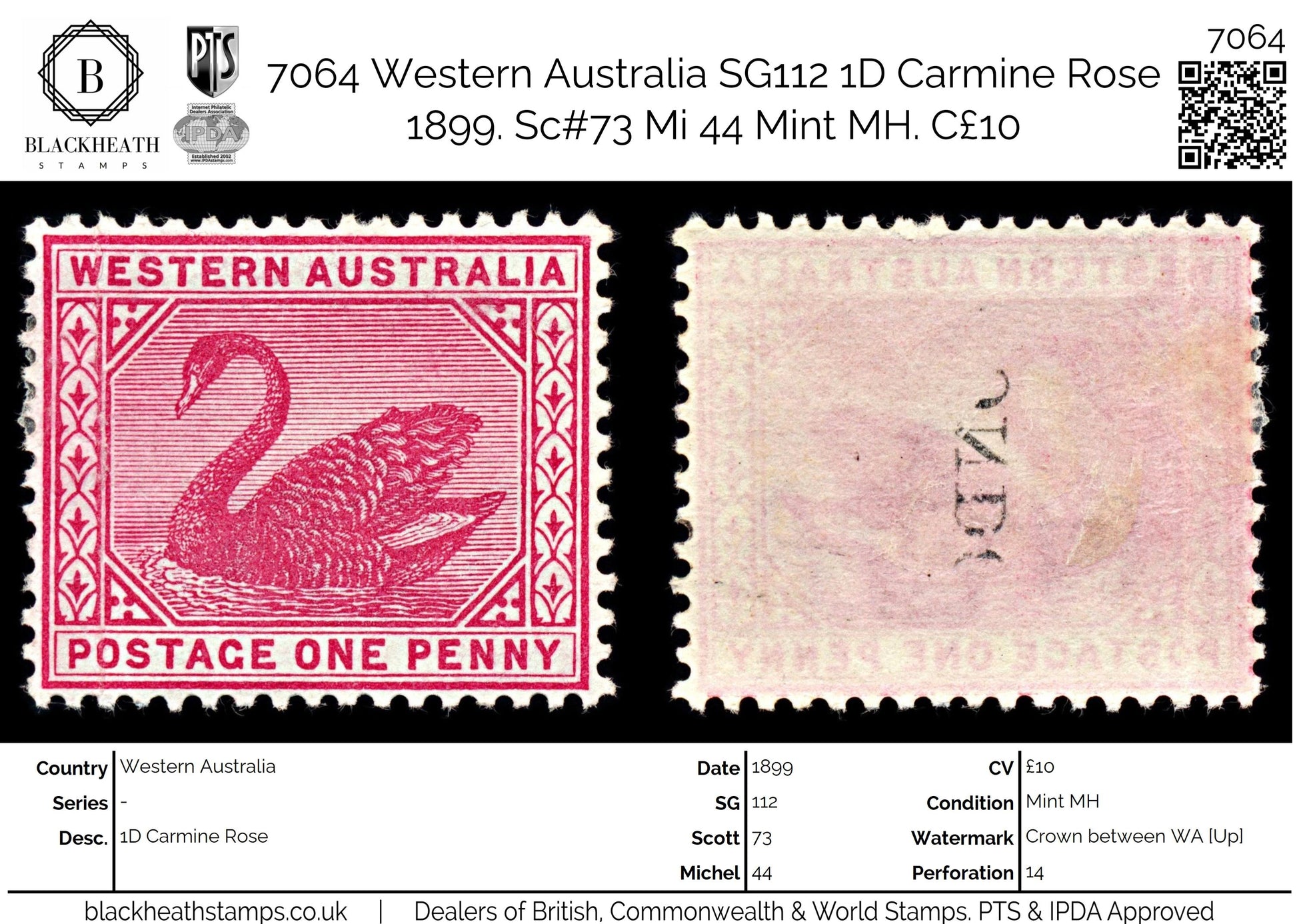 7064 Western Australia SG112 1D Carmine Rose 1899. Sc#73 Mi 44 Mint MH. C£10