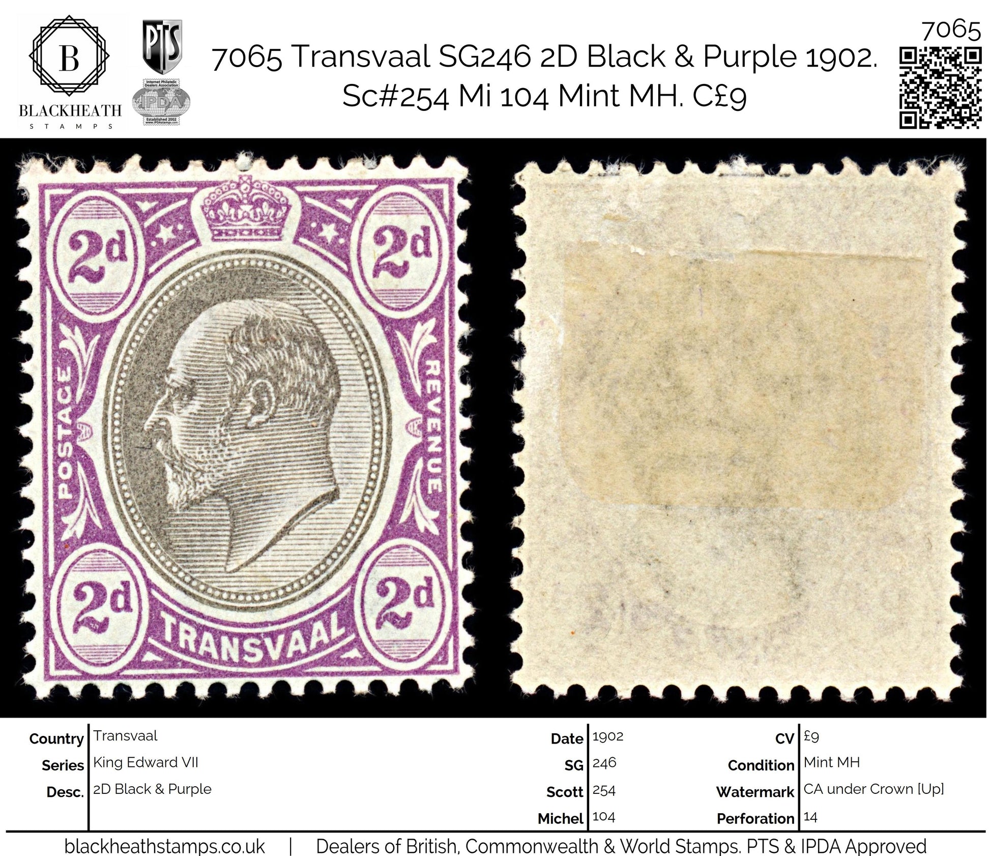 7065 Transvaal SG246 2D Black & Purple 1902. Sc#254 Mi 104 Mint MH. C£9