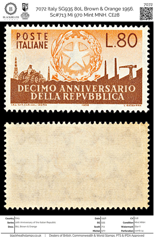 7072 Italy SG935 80L Brown & Orange 1956. Sc#713 Mi 970 Mint MNH. C£28