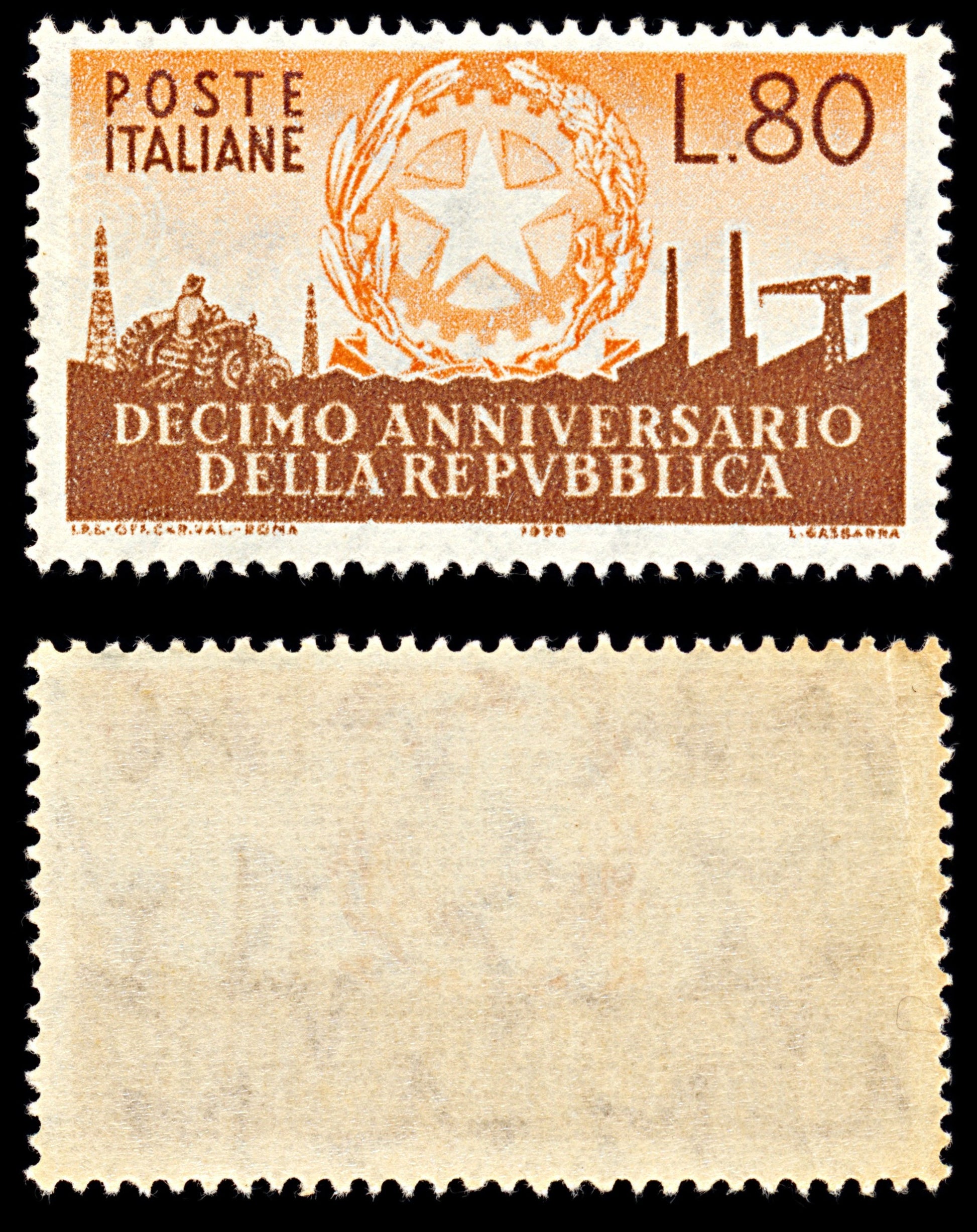 7072 Italy SG935 80L Brown & Orange 1956. Sc#713 Mi 970 Mint MNH. C£28