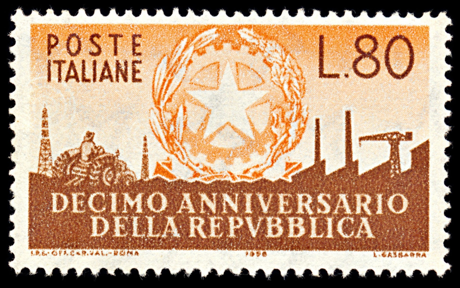 7072 Italy SG935 80L Brown & Orange 1956. Sc#713 Mi 970 Mint MNH. C£28