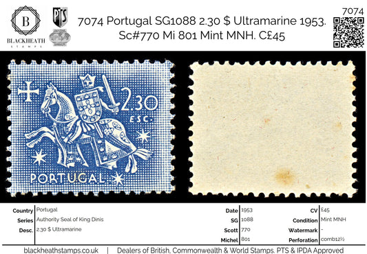 7074 Portugal SG1088 2.30 $ Ultramarine 1953. Sc#770 Mi 801 Mint MNH. C£45