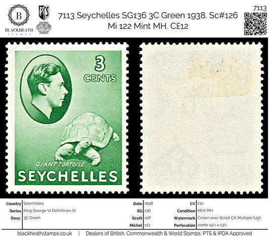 7113 Seychelles SG136 3C Green 1938. Sc#126 Mi 122 Mint MH. C£12