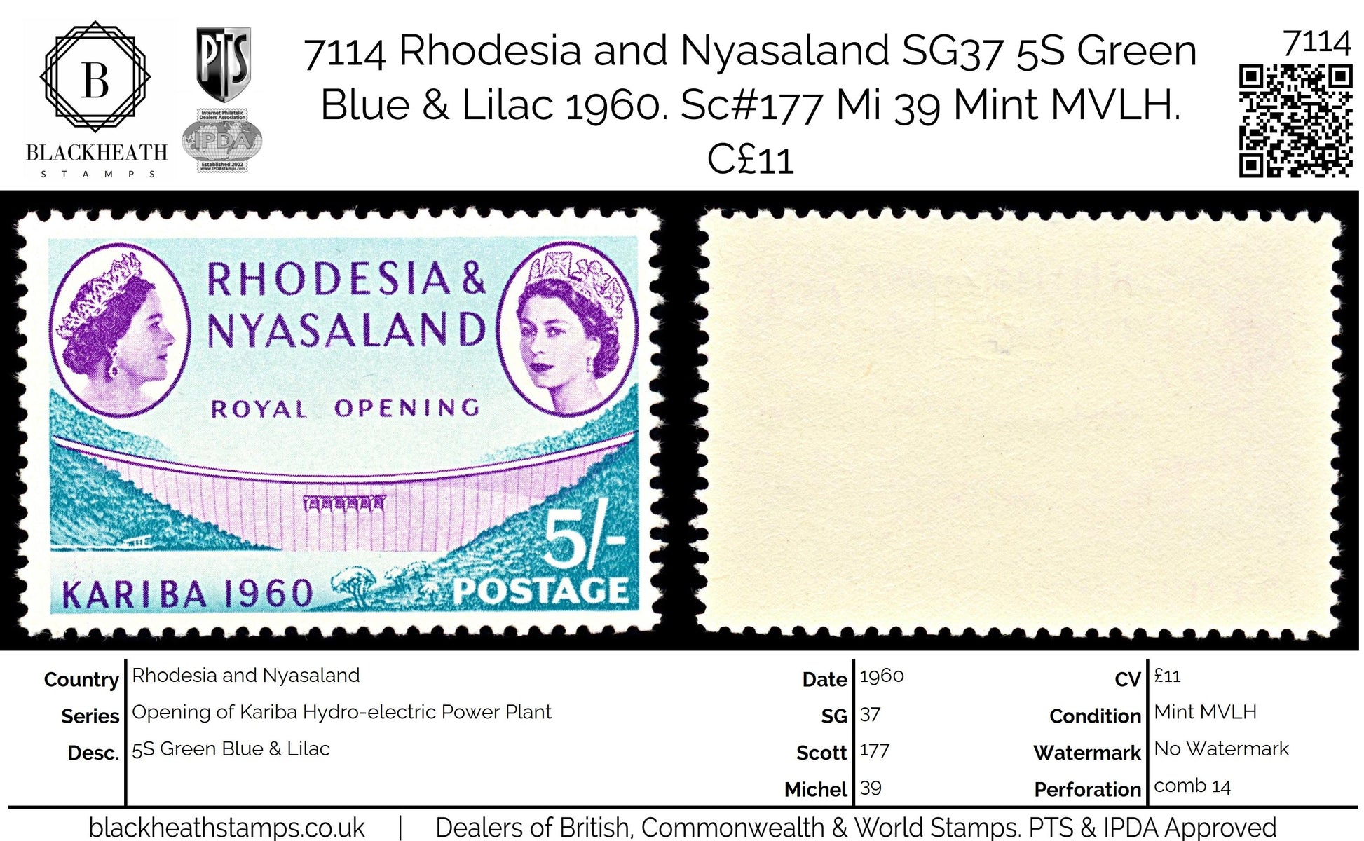 7114 Rhodesia and Nyasaland SG37 5S Green Blue & Lilac 1960. Sc#177 Mi 39 Mint MVLH. C£11