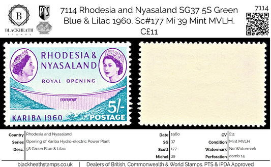 7114 Rhodesia and Nyasaland SG37 5S Green Blue & Lilac 1960. Sc#177 Mi 39 Mint MVLH. C£11