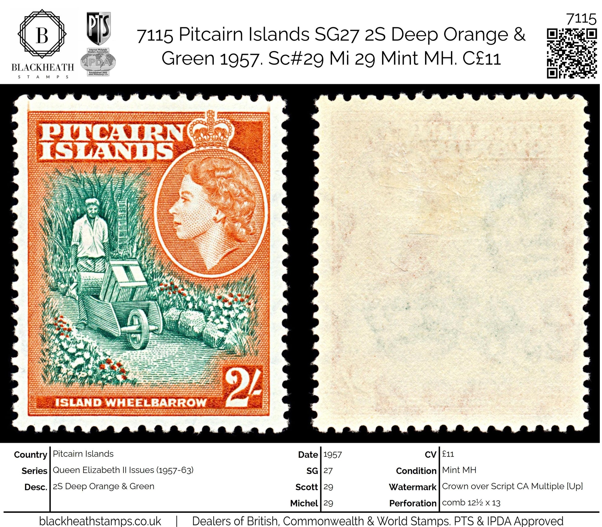 7115 Pitcairn Islands SG27 2S Deep Orange & Green 1957. Sc#29 Mi 29 Mint MH. C£11