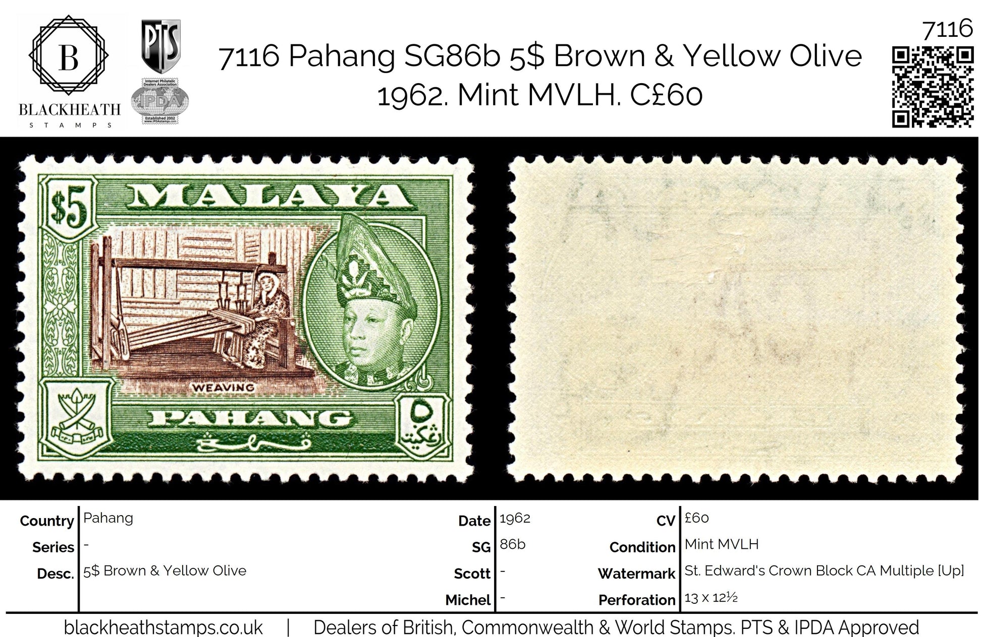 7116 Pahang SG86b 5$ Brown & Yellow Olive 1962. Mint MVLH. C£60