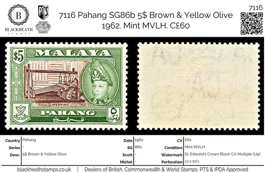 7116 Pahang SG86b 5$ Brown & Yellow Olive 1962. Mint MVLH. C£60