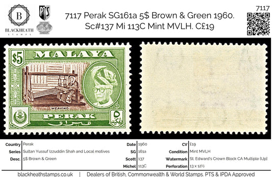 7117 Perak SG161a 5$ Brown & Green 1960. Sc#137 Mi 113C Mint MVLH. C£19