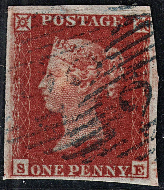 3684 GB 1d Red 1852. SG8 Sc3 Mi3. Spec B2 Plate 135. "SE". Blue/Black Aughrim Cancel.. 4 Margins. c£250