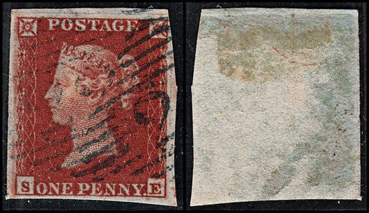 3684 GB 1d Red 1852. SG8 Sc3 Mi3. Spec B2 Plate 135. "SE". Blue/Black Aughrim Cancel.. 4 Margins. c£250