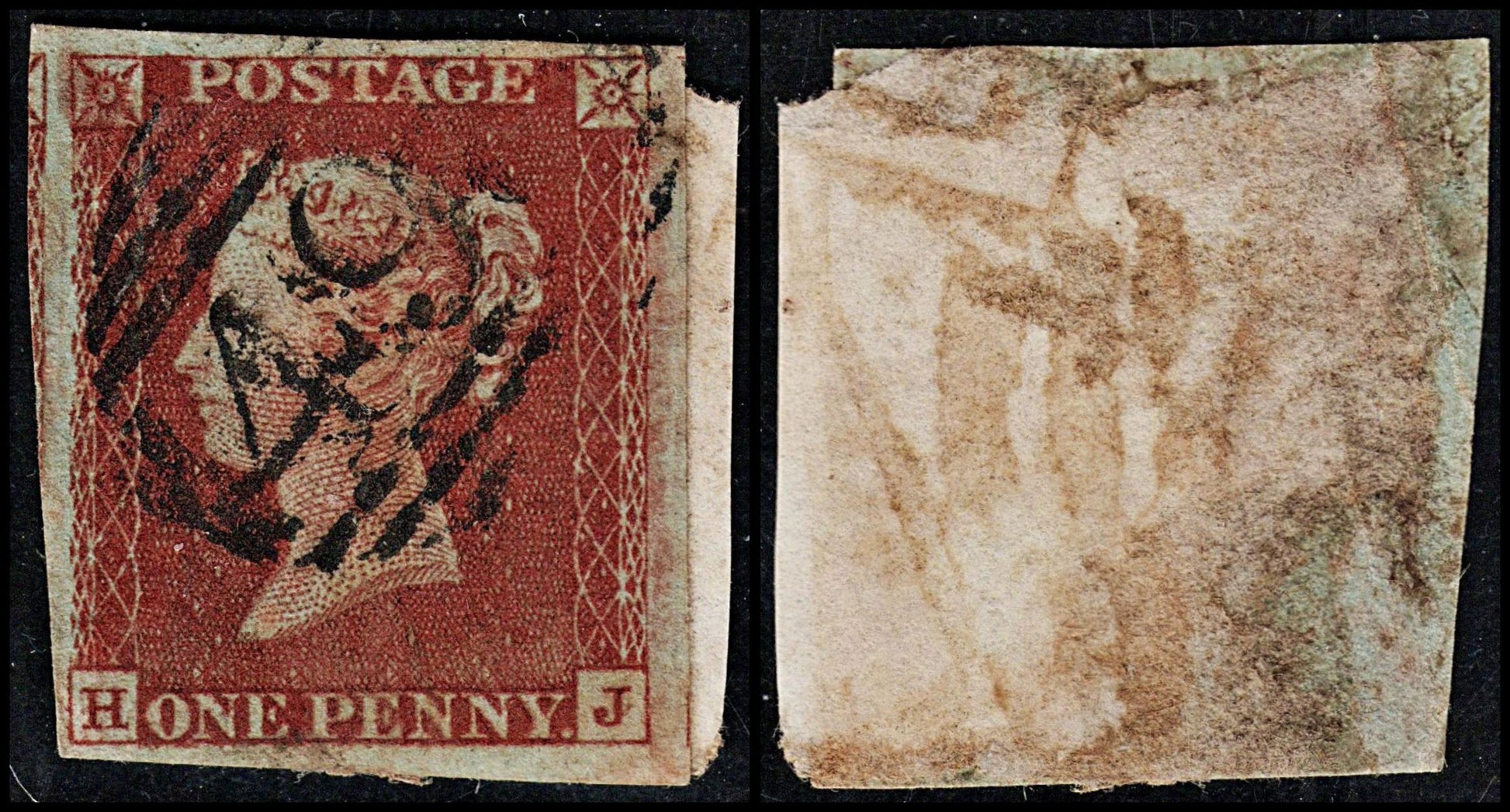 3685 GB 1d Red 1852. SG8 Sc3 Mi3. Spec BS28 Plate 63. "HJ". 4 Margins. c£30