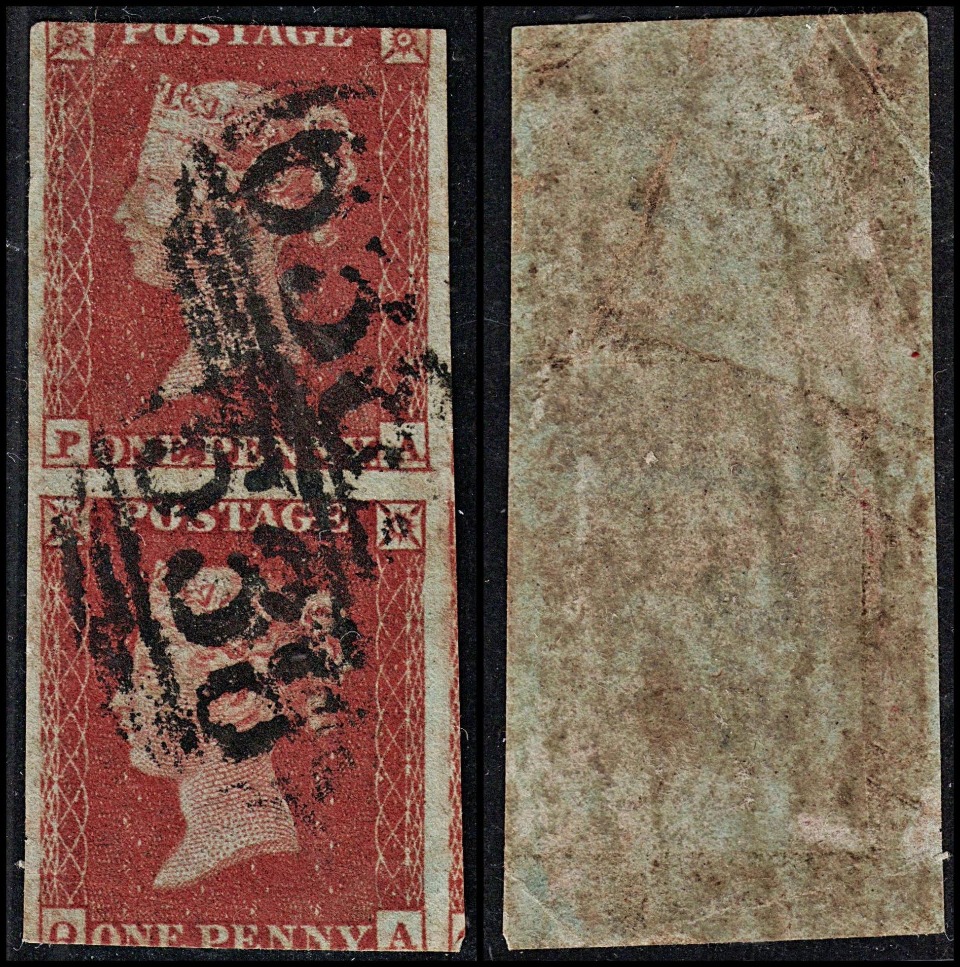 3687 GB 1d Red 1853. SG8 Sc3 Mi3. Spec B2 Plate 166. "PAQA". Pair.. 3 Margins. c£140