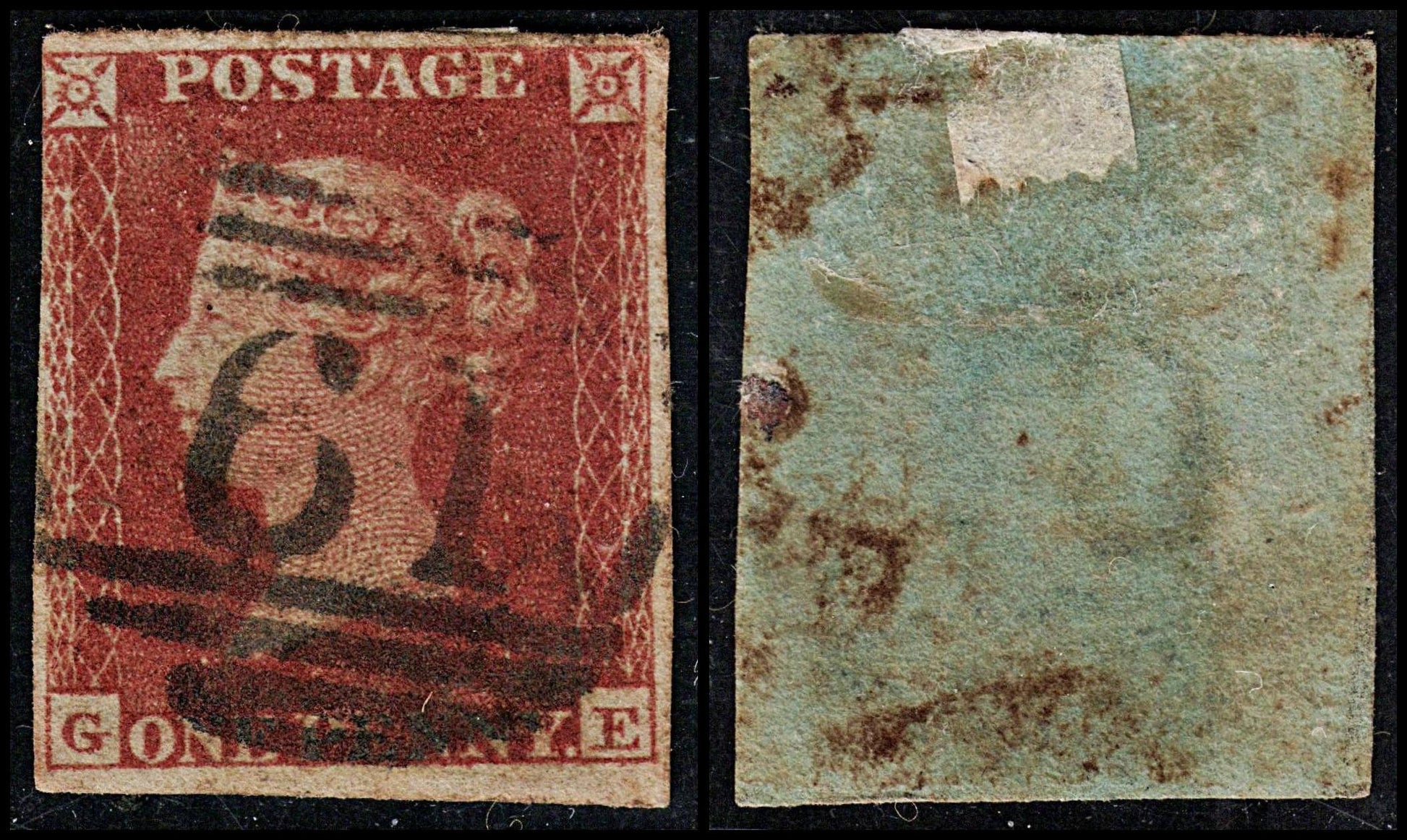 3688 GB 1d Red 1852. SG8 Sc3 Mi3. Spec B2 Plate 156. "GE". 3½ Margins. c£40