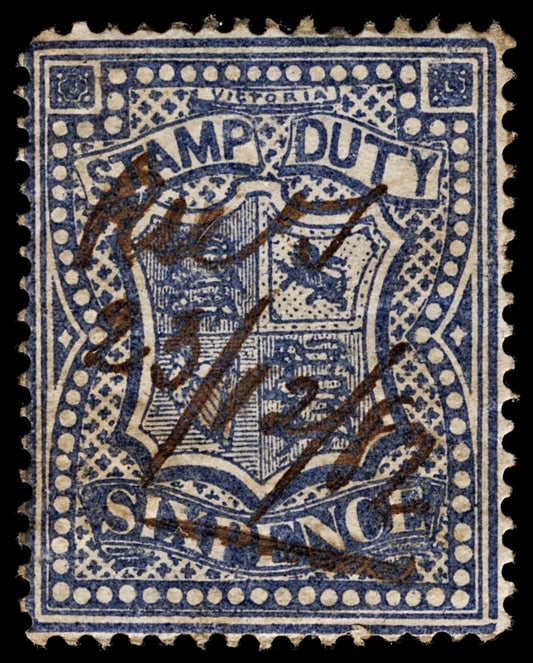 4232 Victoria SG255a 6d Dull Blue. Stamp Duty. 1879. Sc# AR33 Mi ST16 Fine Used. C£50