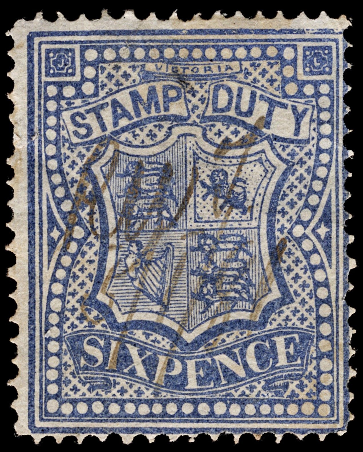 4233 Victoria SG255a 6d Blue. Stamp Duty. 1879. Sc# AR33 Mi ST16 Fine Used. C£50