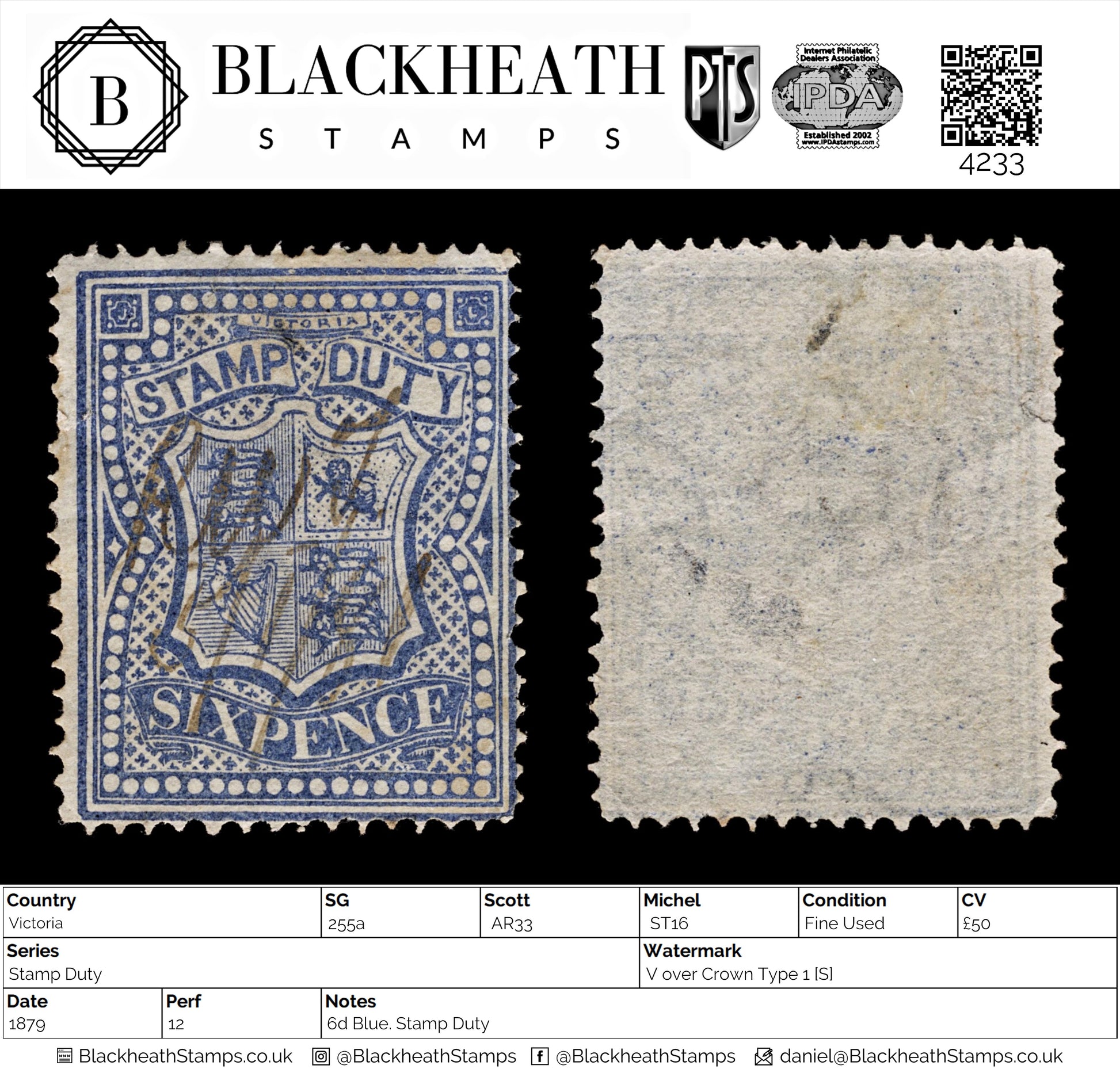 4233 Victoria SG255a 6d Blue. Stamp Duty. 1879. Sc# AR33 Mi ST16 Fine Used. C£50