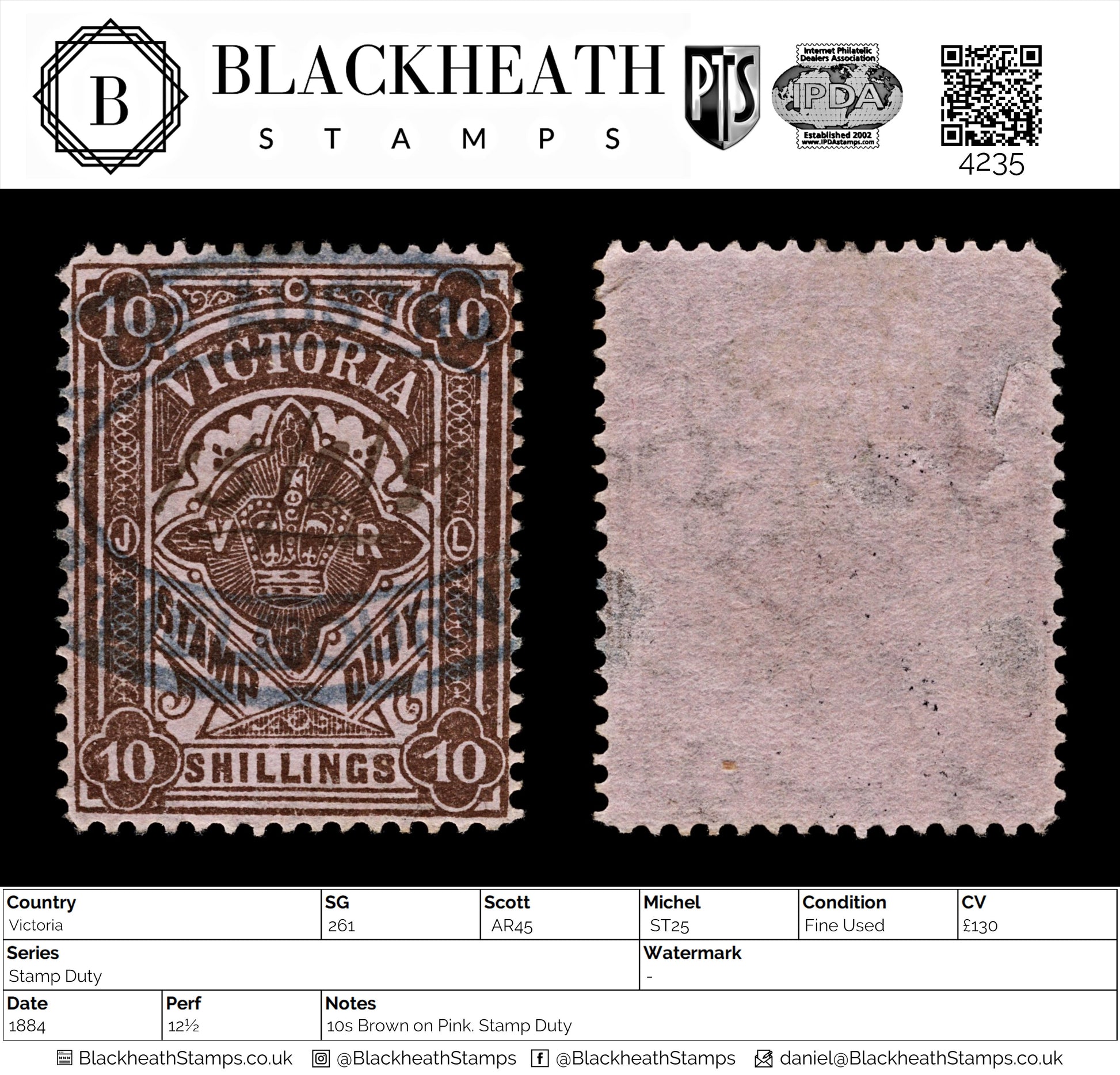 4235 Victoria SG261 10s Brown on Pink. Stamp Duty. 1884. Sc# AR45 Mi ST25 Fine Used. C£130