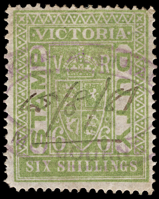 4236 Victoria SG271a 6s Light Green. Stamp Duty. 1891. Sc# AR44 Mi ST24 Fine Used. C£42