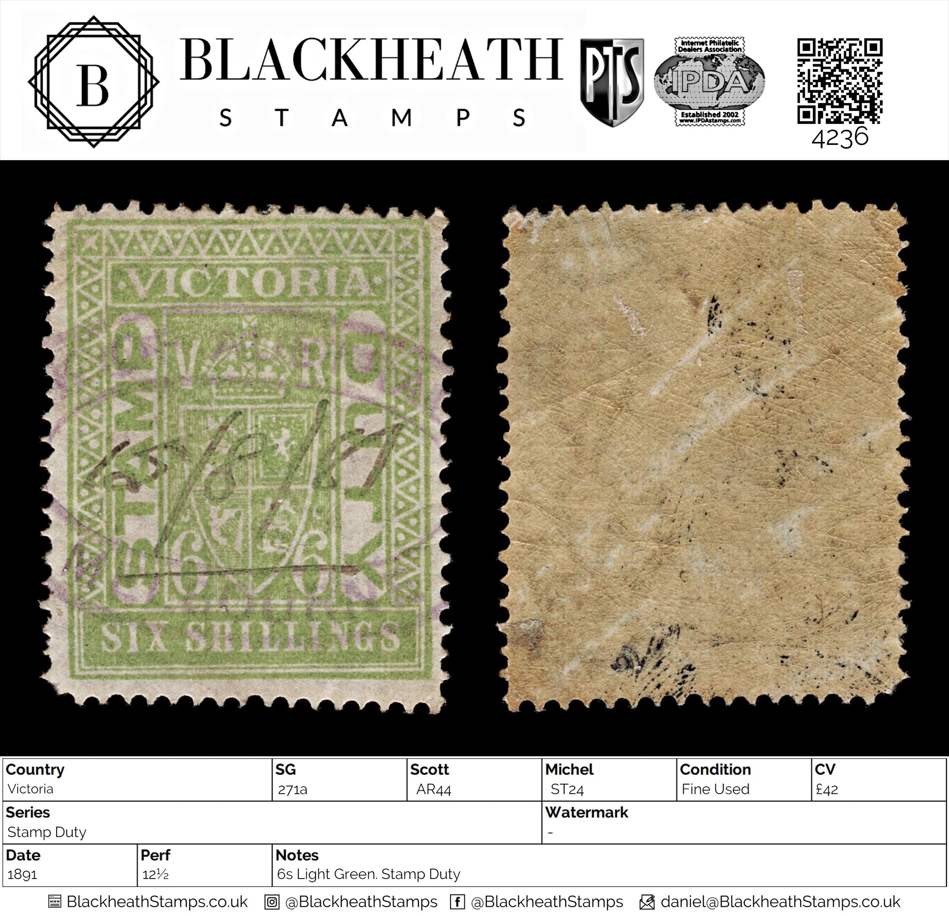 4236 Victoria SG271a 6s Light Green. Stamp Duty. 1891. Sc# AR44 Mi ST24 Fine Used. C£42