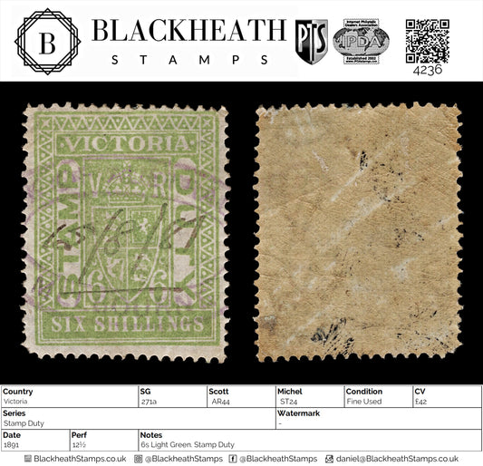 4236 Victoria SG271a 6s Light Green. Stamp Duty. 1891. Sc# AR44 Mi ST24 Fine Used. C£42