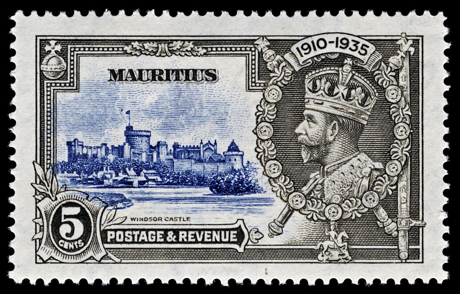 4253 Mauritius SG245 5c Grey & Blue. Flaw Dot Next To Flag Staff. 1935. Sc#204 Mi196 MM Mint. C£160