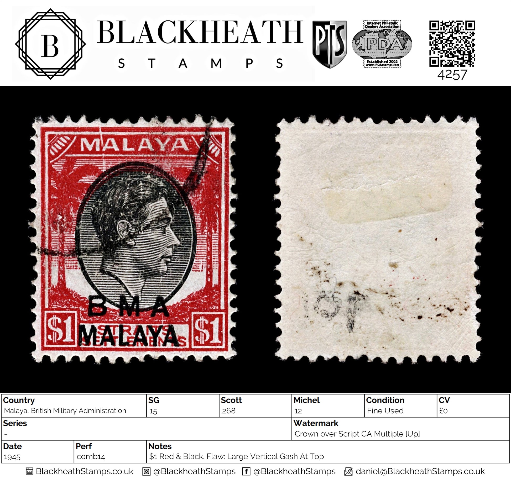 4257 Malaya, BMA SG15 $1 Red & Black. Flaw Large Vertical Gash At Top. 1945. Sc#268 Mi12 Fine Used.