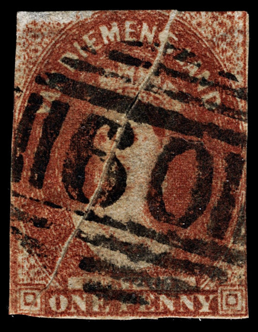 4261 Tasmania SG27 1d Brick Red. Large Printing Crease. 1863. Sc#11d Mi not listed in or Yvert Fine Used. C£400