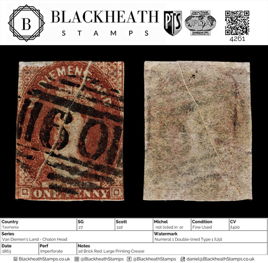 4261 Tasmania SG27 1d Brick Red. Large Printing Crease. 1863. Sc#11d Mi not listed in or Yvert Fine Used. C£400